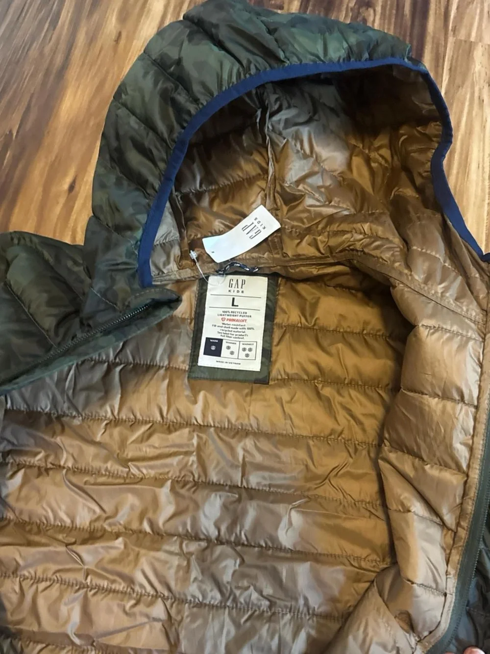 GAP Boys' Green Camo Hooded Puffer Jacket